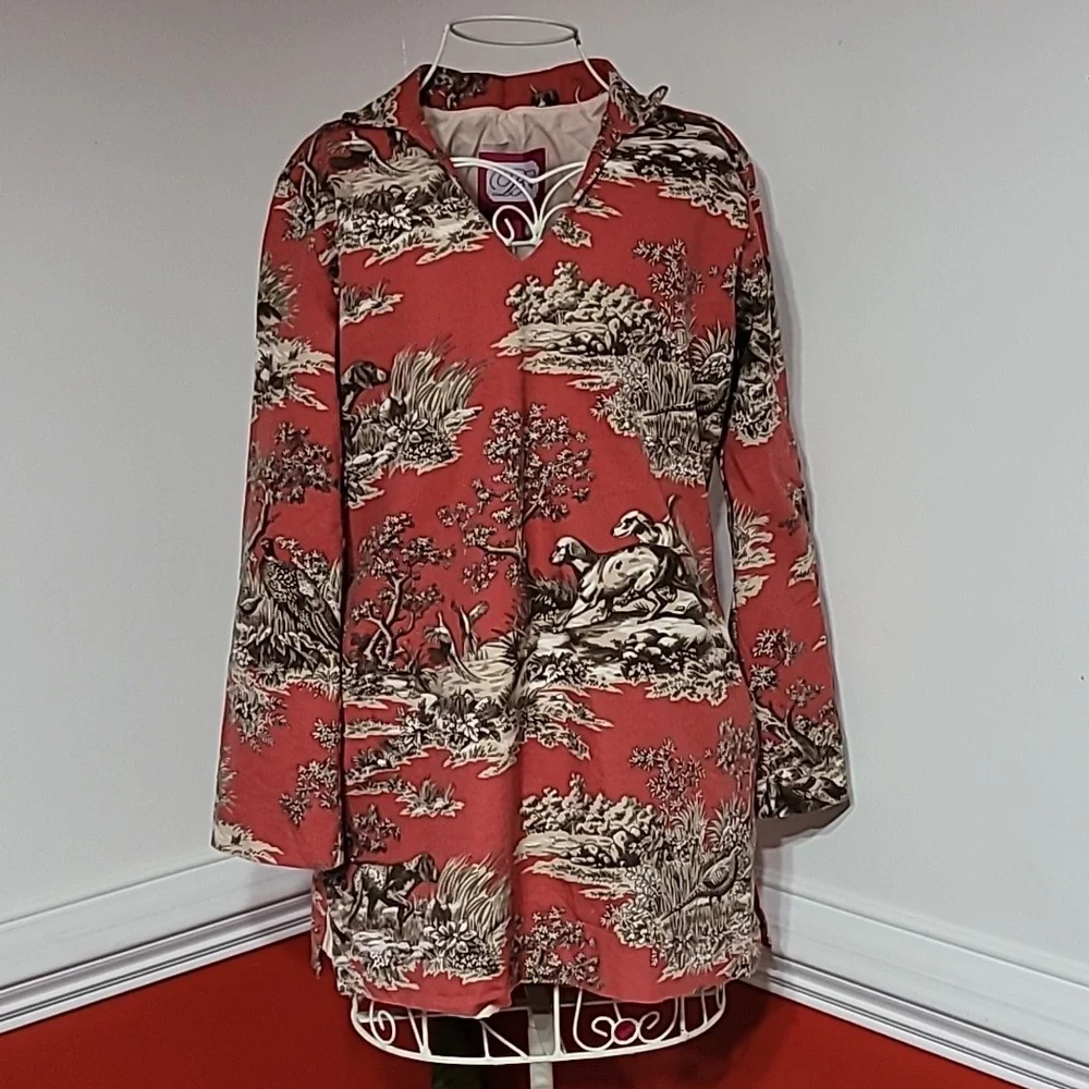 B THE COLLECTION Bird Dogs and Pheasants Print 100% Cotton Tunic Size S - Picture 2 of 6